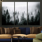 Foggy Forest Wall Art Canvas Print, Mountain Woodland Landscape, Minimal Nature Decor