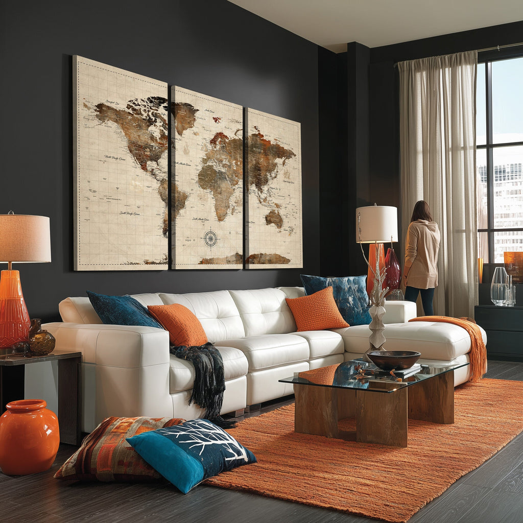 Vintage World Map Wall Art Canvas Print for Living Room, Office and Study