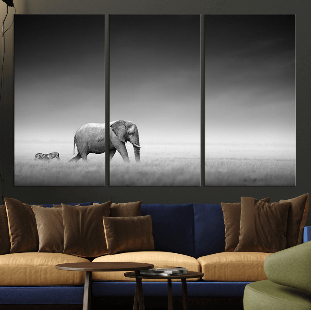 Elephant and Zebra Wall Art Canvas Print, Modern Artwork