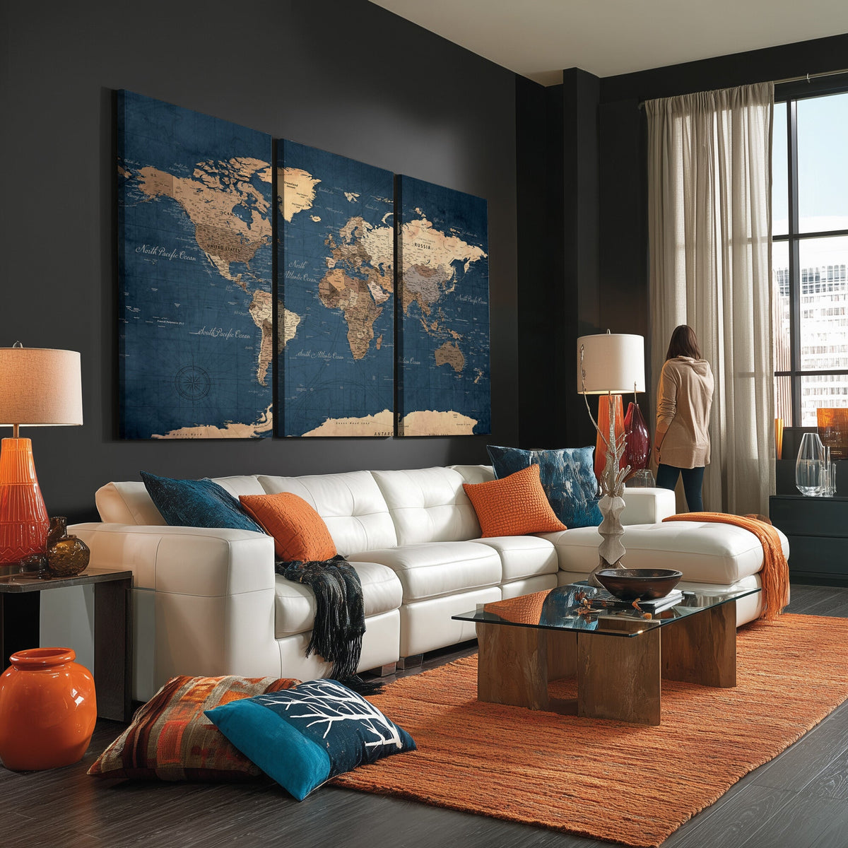 Navy Blue World Map Canvas Print | Framed Travel Map Wall Art