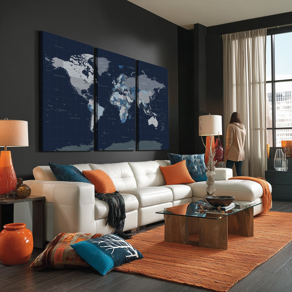 Blue Detailed World Map Wall Art Canvas Print | Modern Framed Map