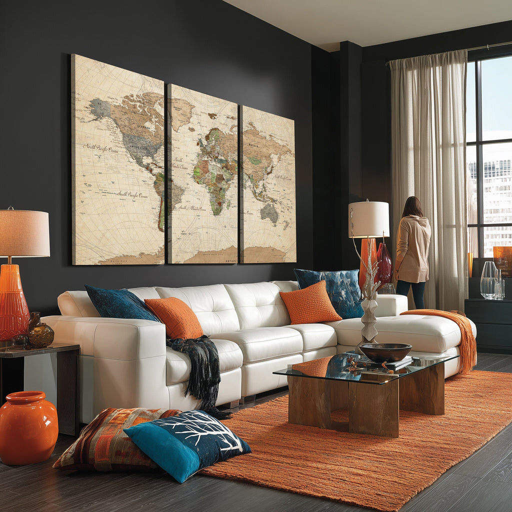 Framed World Map Wall Art for Home and Office Decor