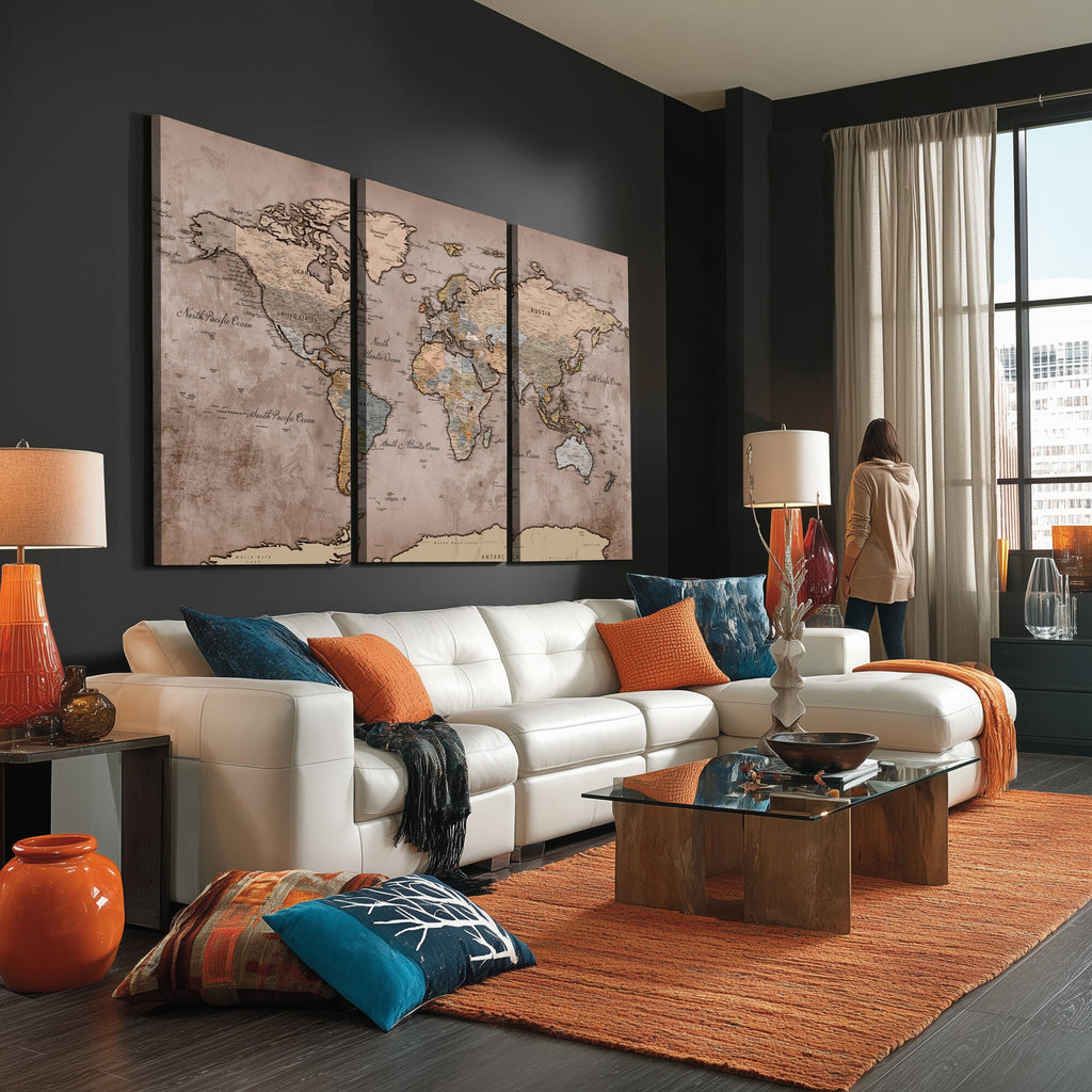 Grunge World Map Canvas Wall Art - Vintage Aged World Map with Golden Tones