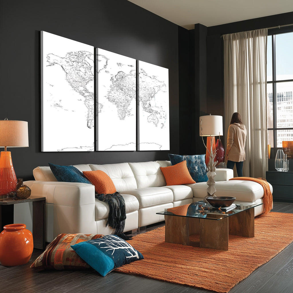 World Map Canvas Print, Framed Modern Detailed Map of the World for Home or Office