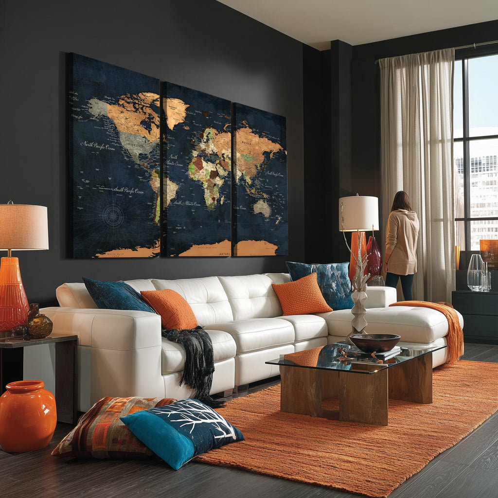 Vintage World Map Canvas Wall Art | Detailed Map with Countries, Oceans and Continents