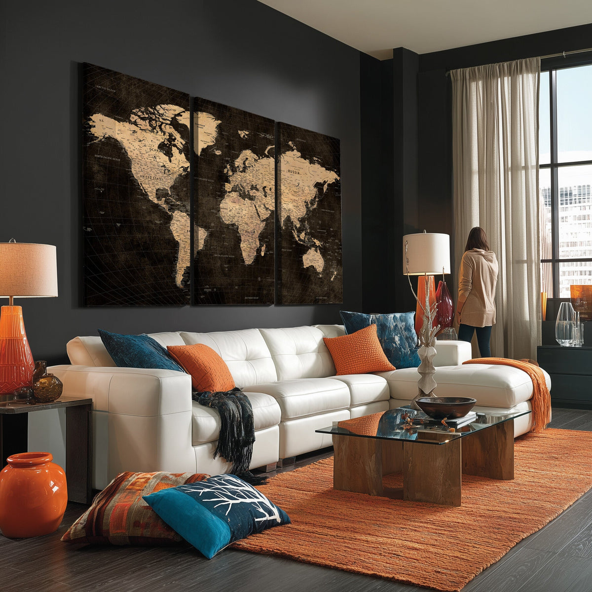 Brown World Map Canvas Print | Modern Travel Map Wall Art