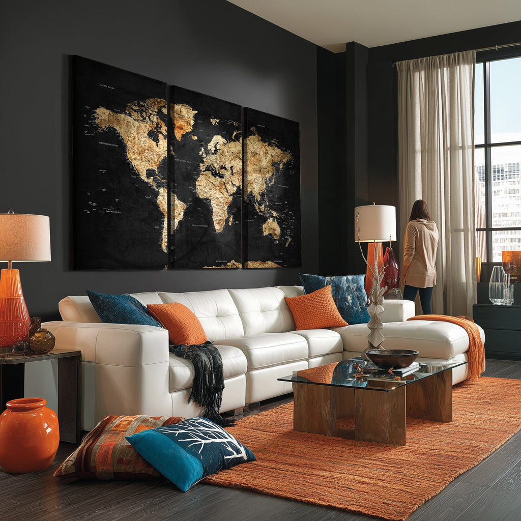 World Map Canvas Wall Art with Famous Landmarks | Framed Travel Map