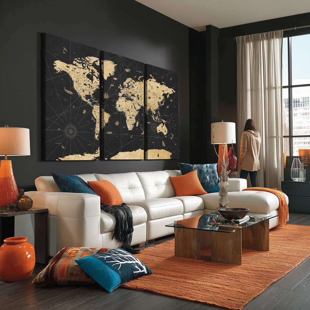 Vintage Blue and Brown World Map Canvas Wall Art | Framed Rustic Map Print