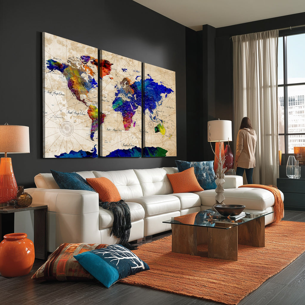 Watercolor World Map Canvas Print | Framed Wall Art for Couples