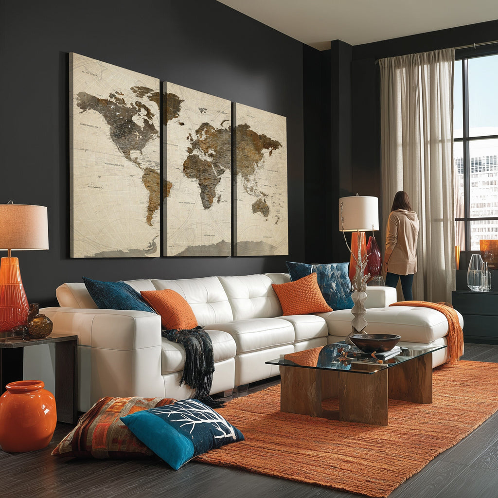 Vintage World Map Canvas Wall Art | Framed Antique Style Travel Map