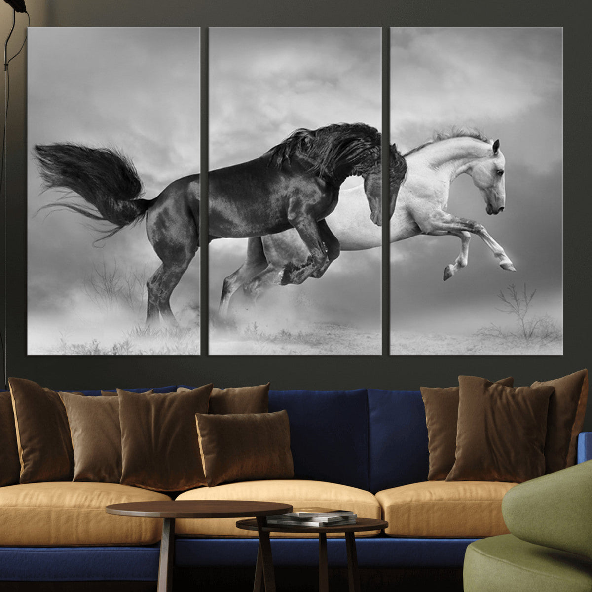 Wild Horses Wall Art Canvas Print, Framed Black and White Galloping Horses