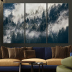 Foggy Mountain Forest Canvas Print, Misty Pine Trees Nature Wall Art