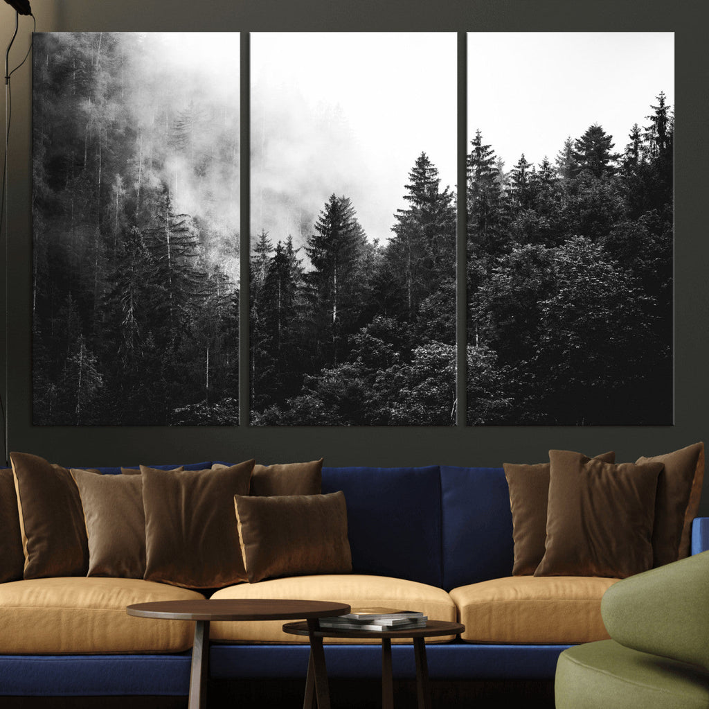 Black White Forest Wall Art Canvas Print, Misty Pine Tree Landscape