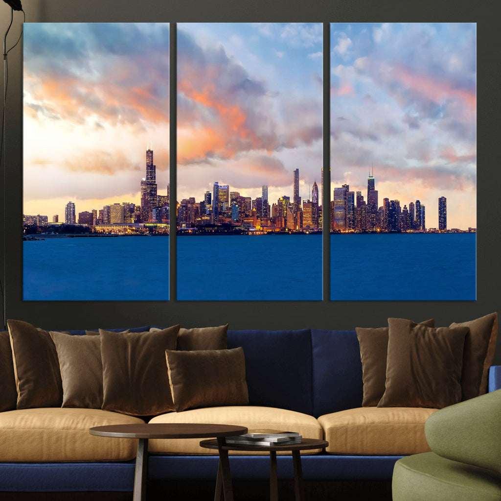 Chicago Wall Art Canvas Print - Chicago City Downtown Night Cityscape
