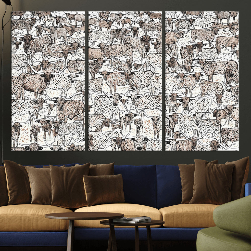 Abstract Texas Cow Wall Art Canvas Print, Farm Longhorn Art for Cabin Decor