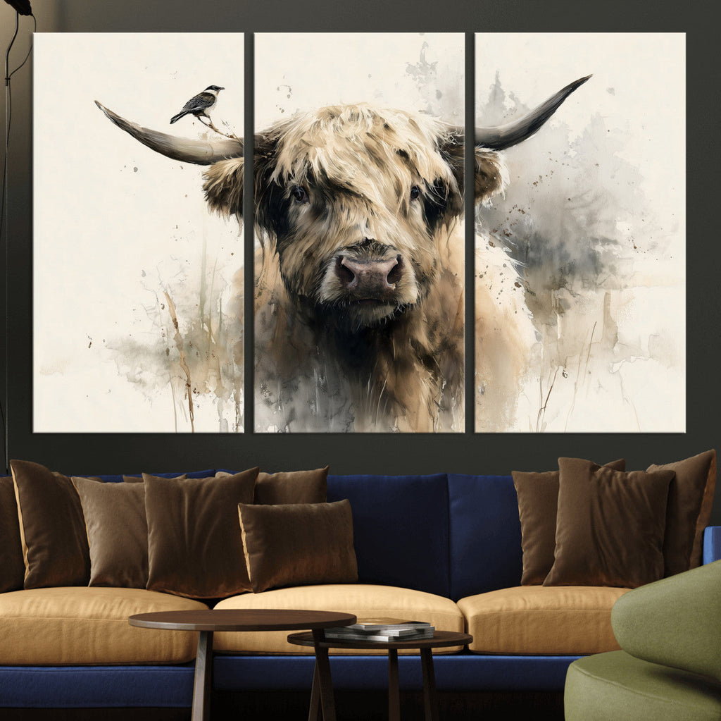 Abstract Highland Cow Wall Art Canvas Print, Rustic Farm Cattle Portrait