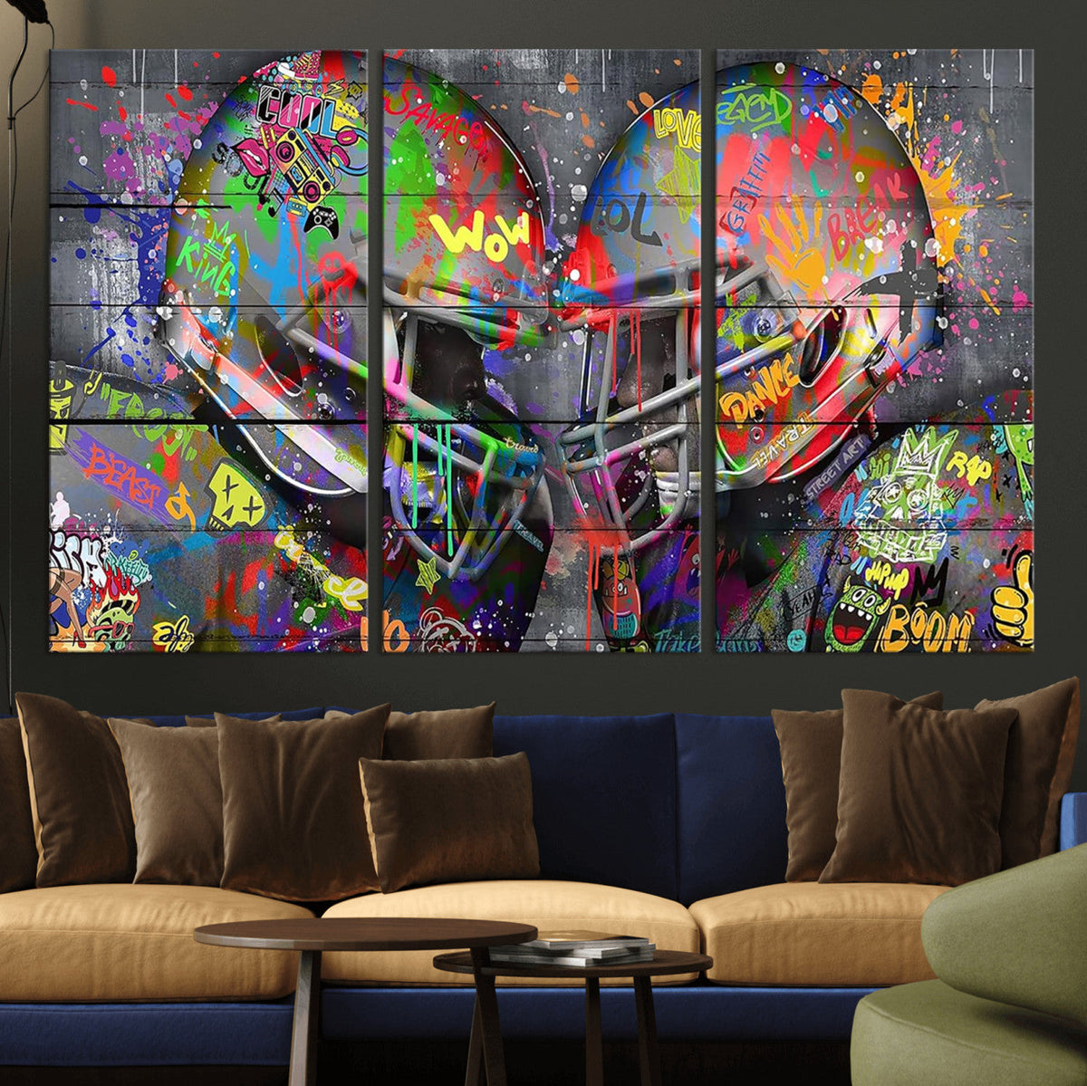 Graffiti Football Helmets Wall Art Canvas Print, Urban Street Art