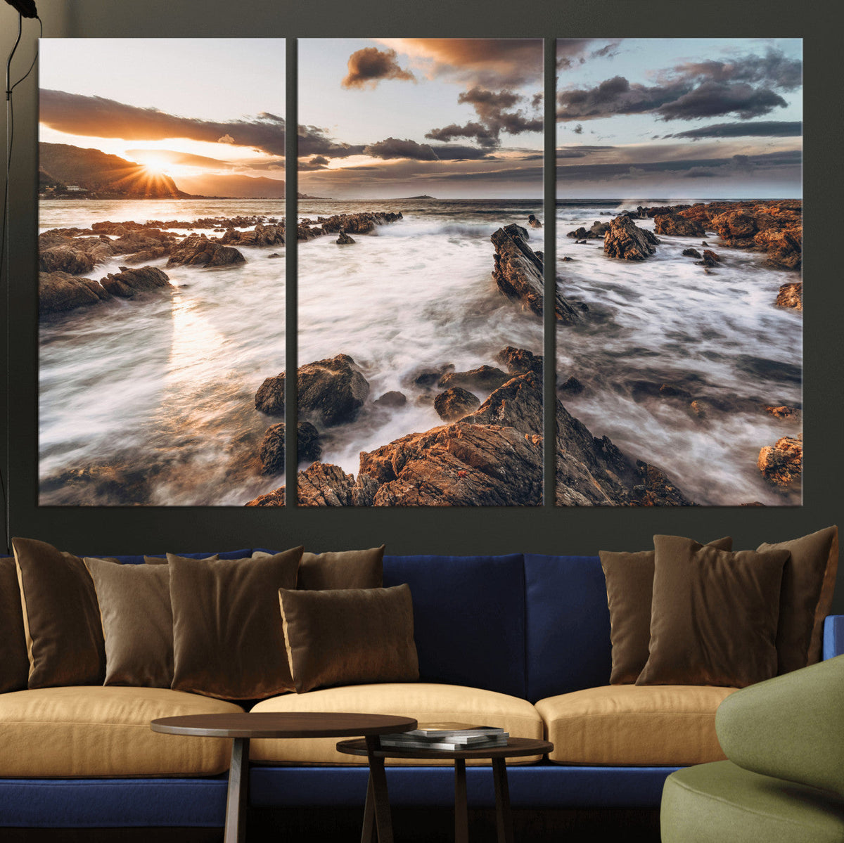 Rocky Coast Ocean Sunset Wall Art Canvas Print, Dramatic Seascape Nature Decor