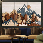 Layered Wooden Mountain Wall Art Canvas Print, Modern Rustic Forest and Pine Landscape