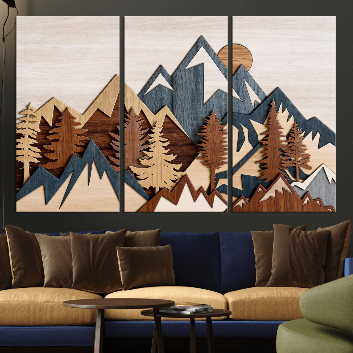 Layered Wooden Mountain Wall Art Canvas Print, Modern Rustic Forest and Pine Landscape