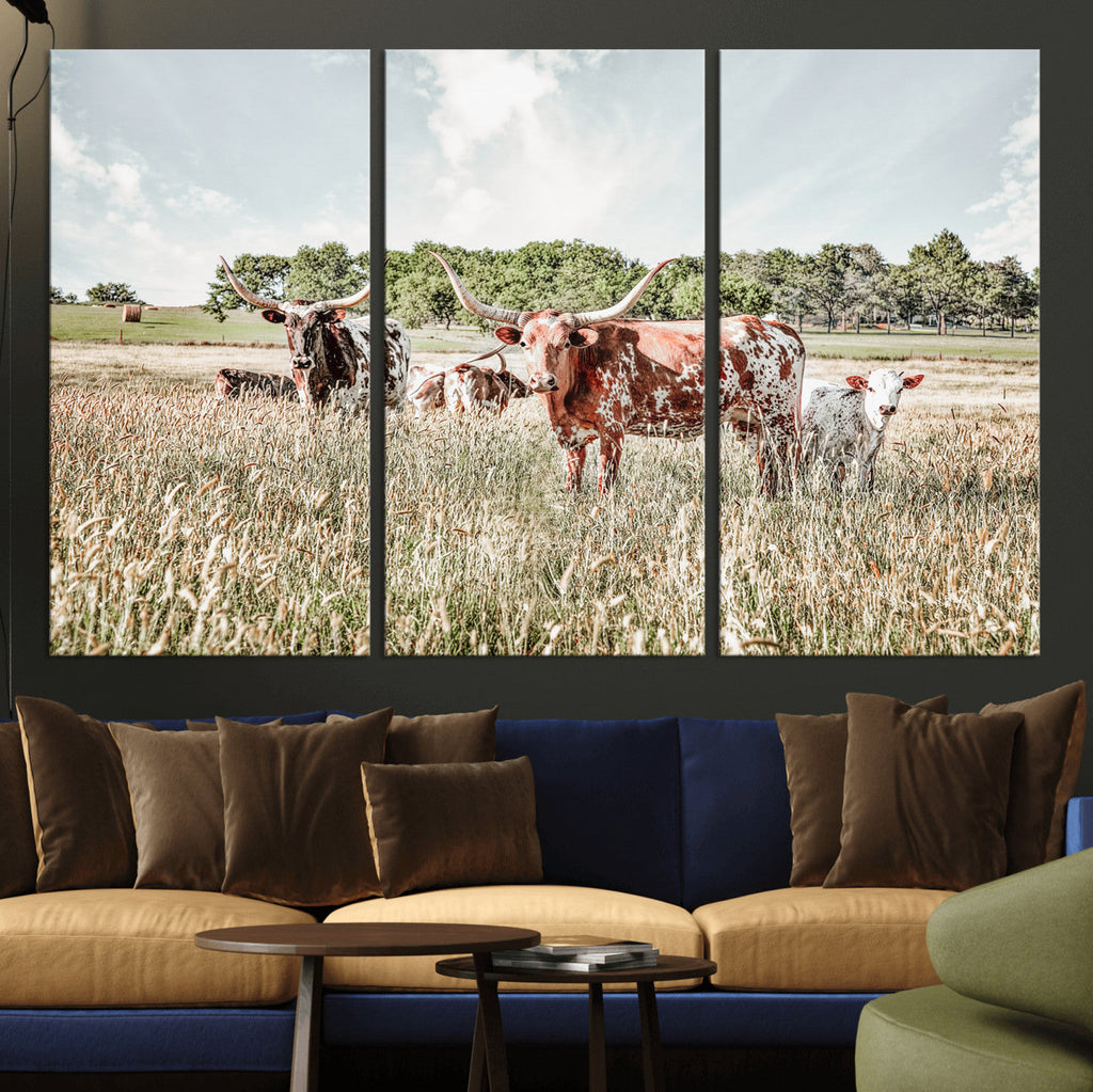 Texas Longhorn Cattle Wall Art Canvas Print, Western Ranch Landscape Decor