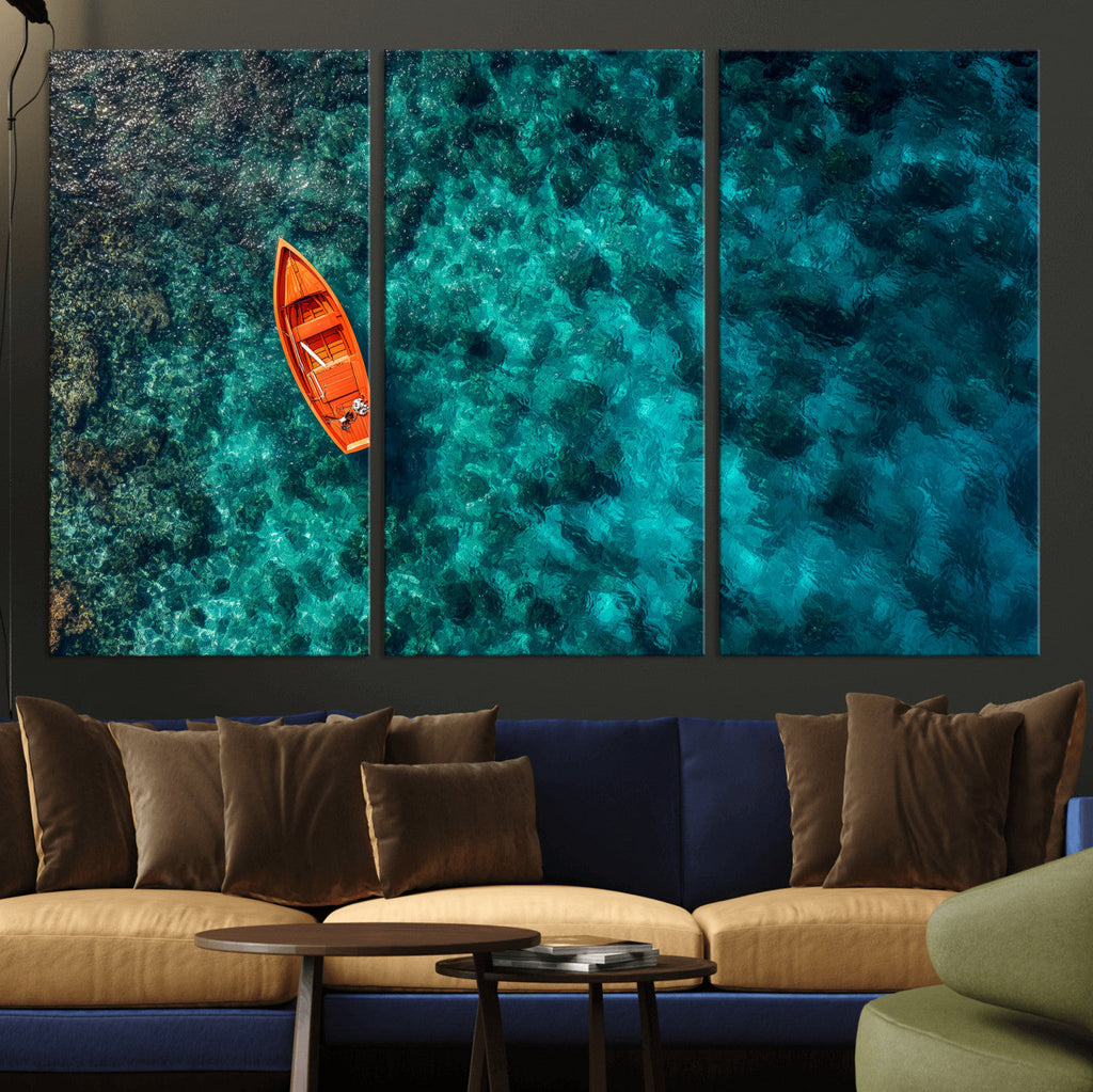 Turquoise Ocean Boat Wall Art Canvas Print
