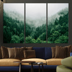Misty Pine Forest Wall Art Canvas Print, Foggy Evergreen Landscape