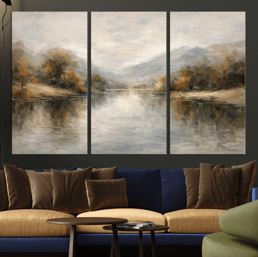 Neutral Abstract River Landscape Wall Art Canvas Print