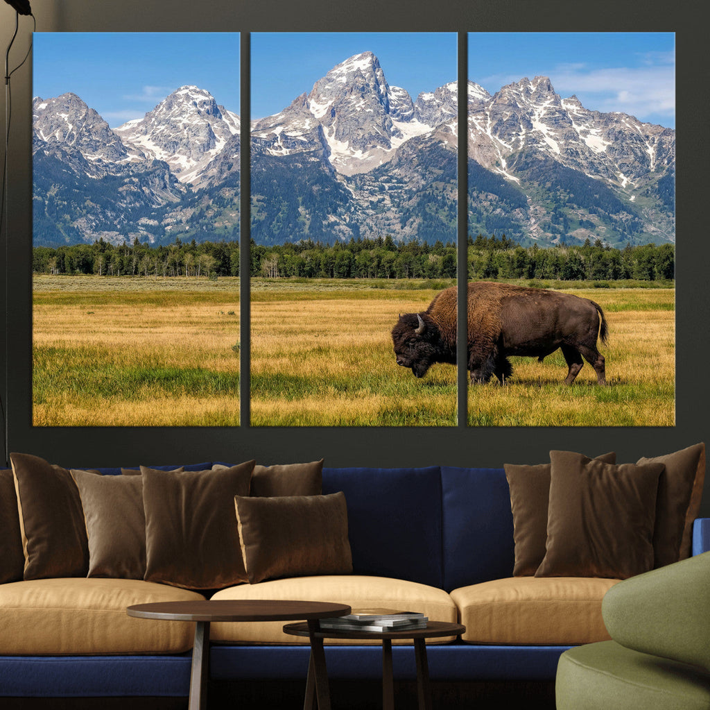 Bison in Mountain Landscape Wall Art Canvas Print, Western Decor