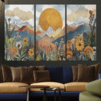 Boho Mountain Landscape Large Wall Art, Horizontal Gold Sun and Flowers Print