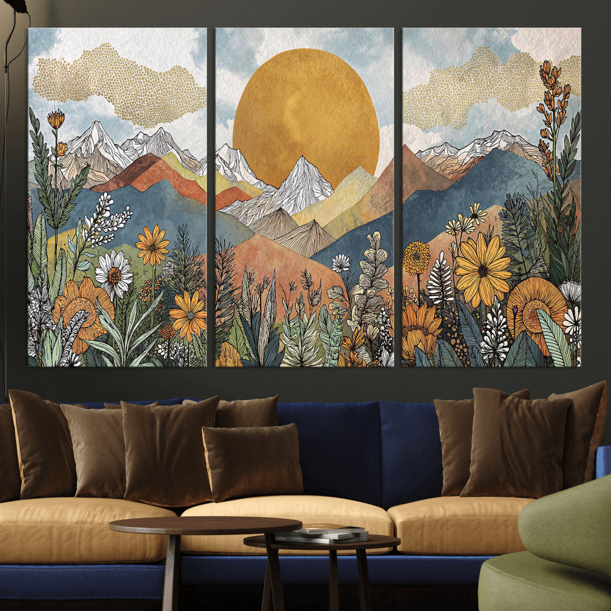 Boho Mountain Landscape Large Wall Art, Horizontal Gold Sun and Flowers Print
