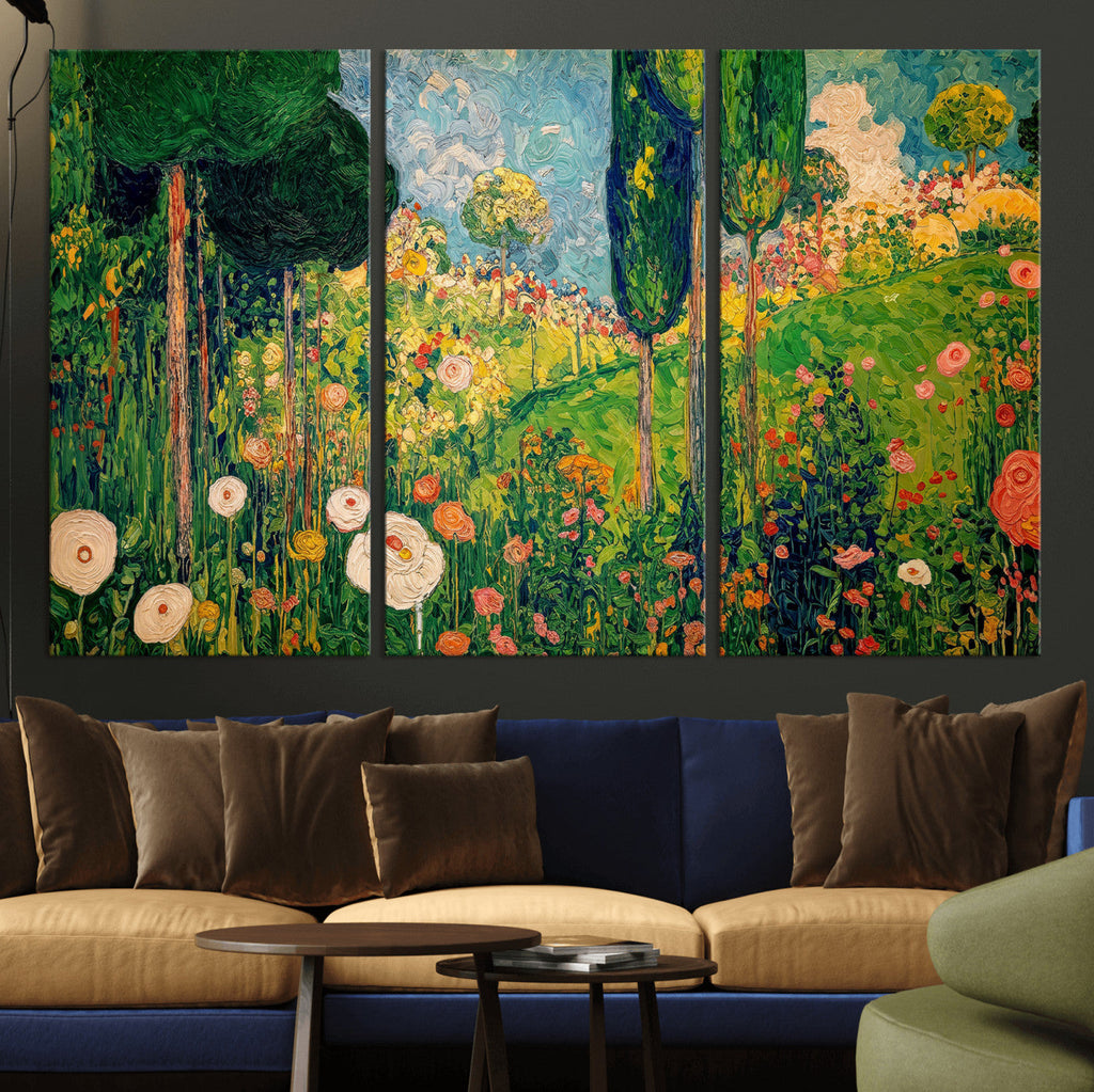 Gustav Klimt Boho Mountain Landscape Large Wall Art, Gold Sun and Flowers Print