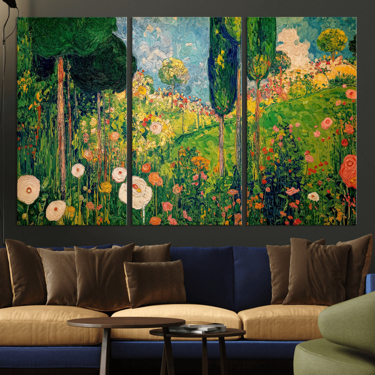 Gustav Klimt Boho Mountain Landscape Large Wall Art, Gold Sun and Flowers Print