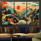 Yayoi Kusama Boho Mountain Landscape Large Wall Art, Gold Sun and Flowers Print