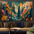 Colorful Japanese Landscape Print: Maximalist Panoramic Wall Art