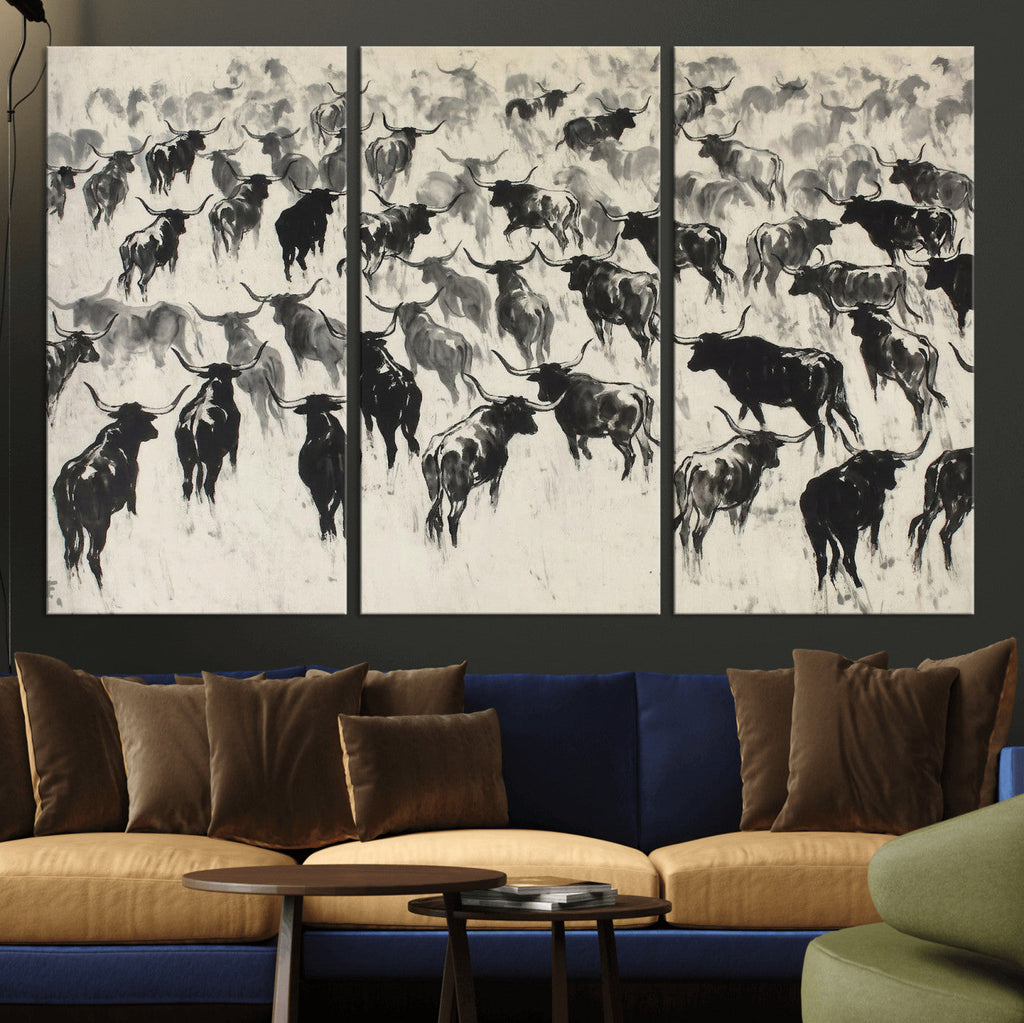 Longhorn Cattle Canvas Wall Art, Black White Stampede Ink