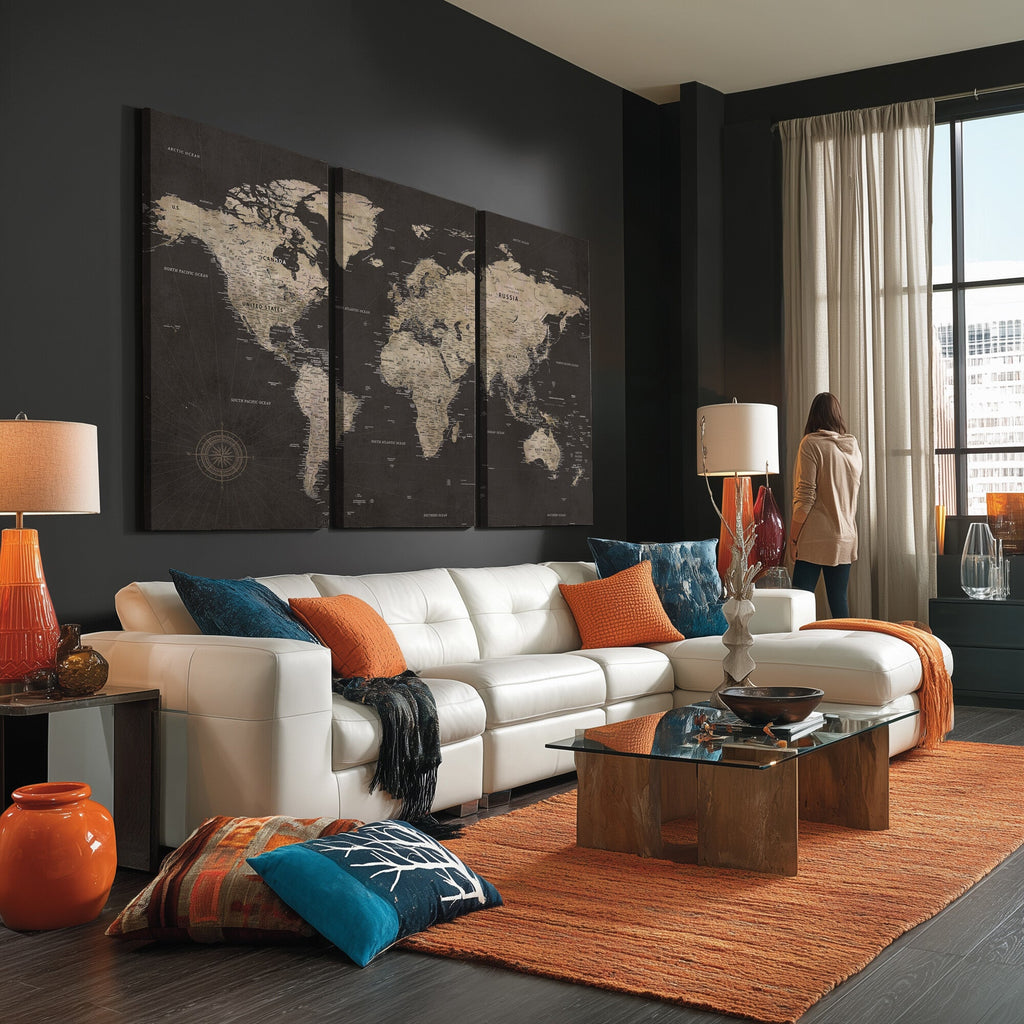 World Map Canvas Wall Art, Dark Charcoal and Antique Tan Detailed Map