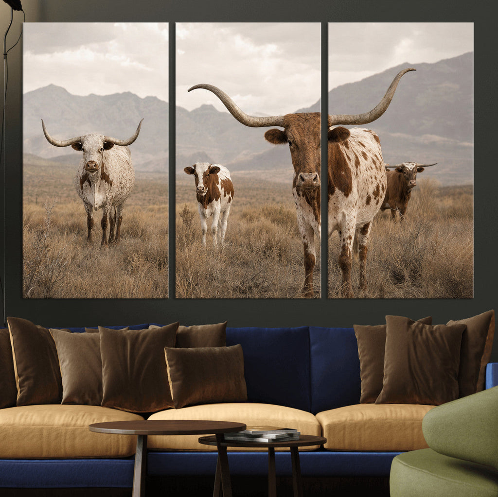 Rustic Texas Longhorn Cow Canvas Wall Art Print, Farm Animal Photography