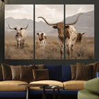 Rustic Texas Longhorn Cow Canvas Wall Art Print, Farm Animal Photography