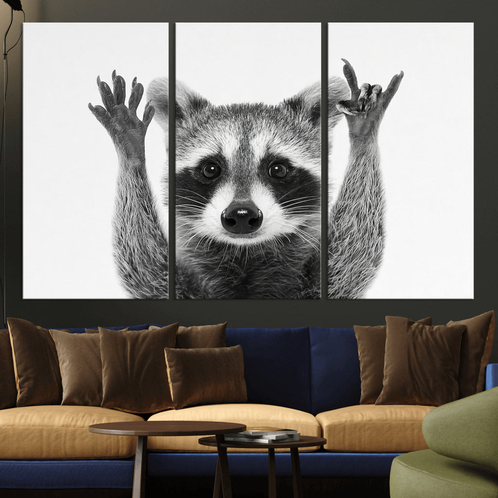Funny Raccoon Canvas Wall Art, Black White Hands Up Animal Photo Print