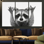 Funny Raccoon Canvas Wall Art, Black White Hands Up Animal Photo Print