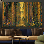 Gustav Klimt Style Forest Canvas Wall Art, Golden Forest Path Floral Art Nouveau Print