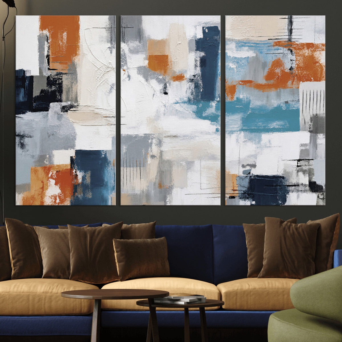Blue Teal Abstract Canvas Wall Art, Modern Brushstroke Style Print, Navy Orange Contemporary Decor