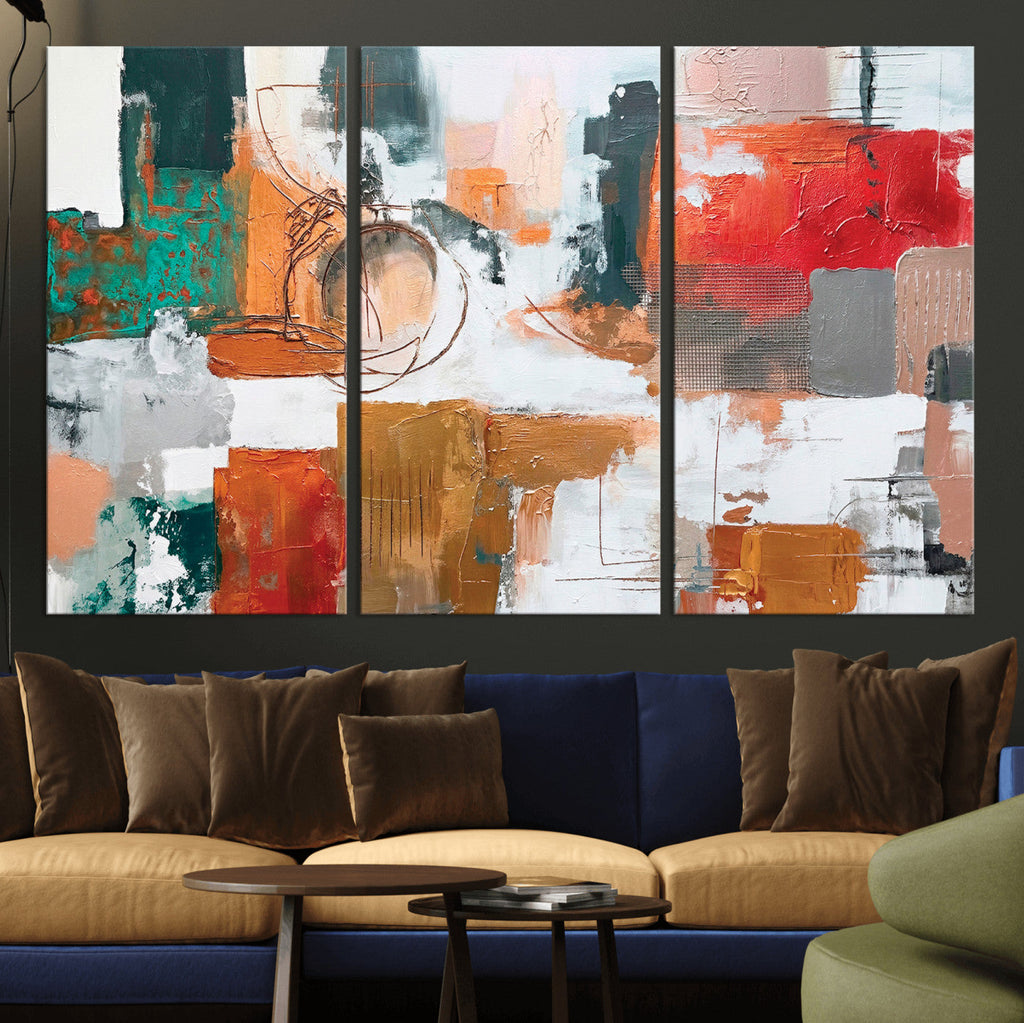 Blue Teal Abstract Canvas Wall Art, Modern Brushstroke Style Print, Navy Orange Contemporary Decor