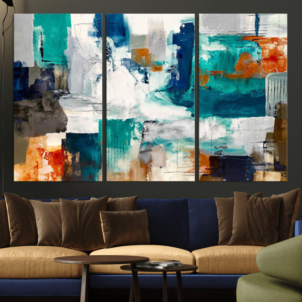 Blue Teal Abstract Canvas Wall Art, Modern Brushstroke Style Print, Navy Orange Contemporary Decor