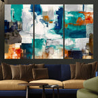 Blue Teal Abstract Canvas Wall Art, Modern Brushstroke Style Print, Navy Orange Contemporary Decor