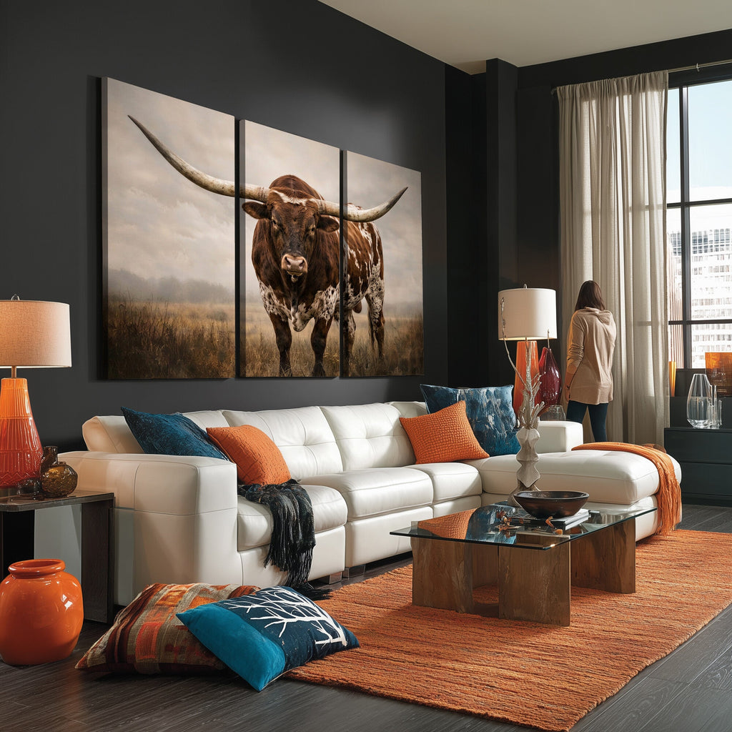Texas Longhorn Wall Art Canvas Print | Brown Horned Bull Rustic Western Decor