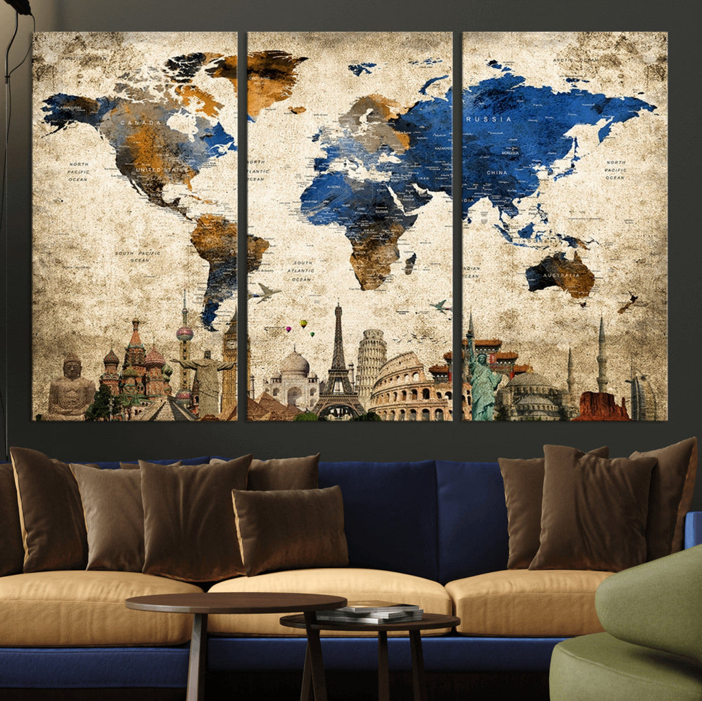 World Map Canvas Print | Vintage Blue and Gold World Map Wall Art