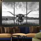 Longhorn Black and White Wall Art | Rustic Western Bull Canvas Print