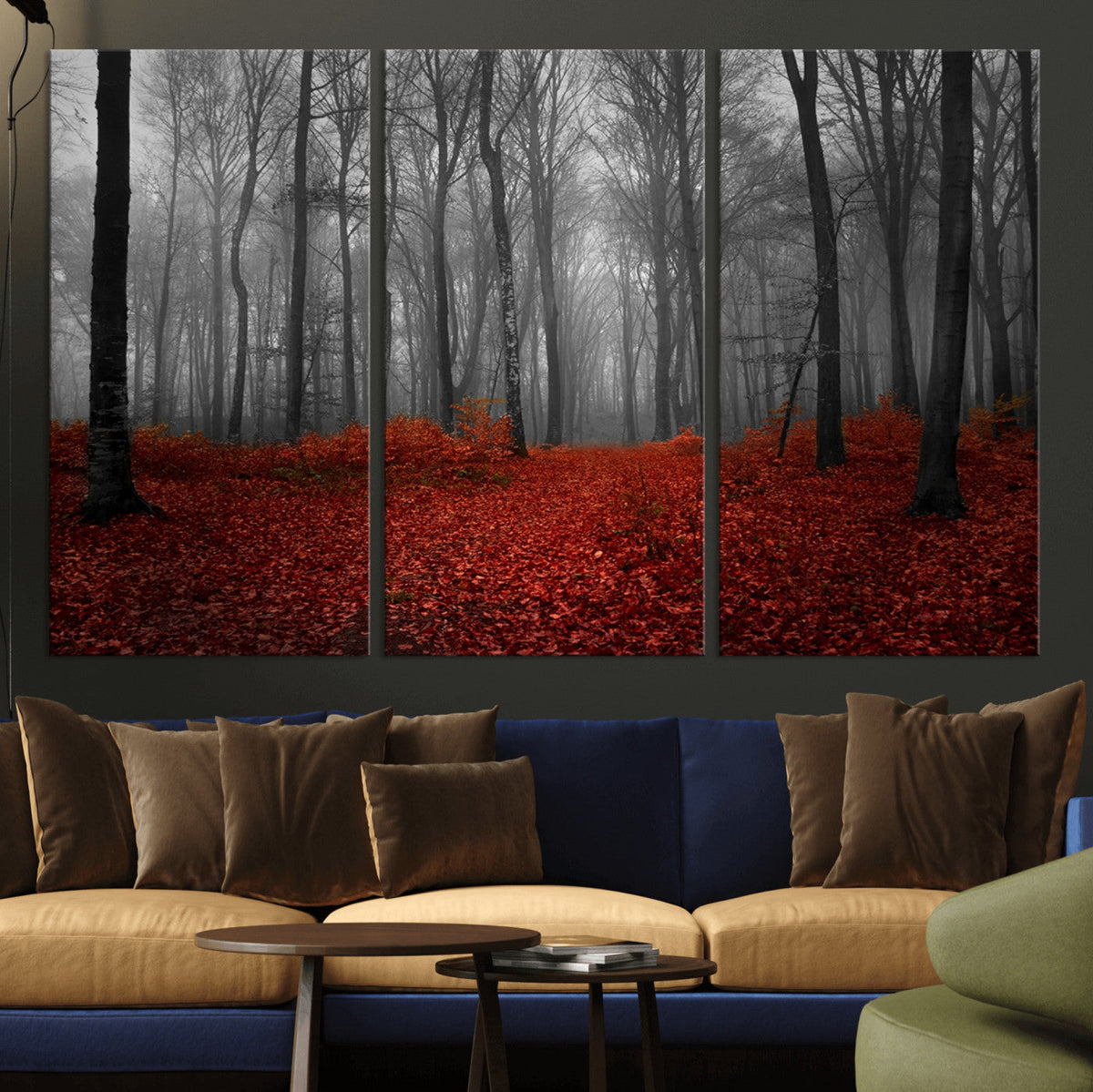 Red Forest Floor Canvas Wall Art | Mystical Foggy Woodland Triptych